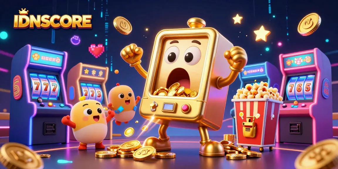 Experience the excitement of IDNSCORE with a captivating slot machine jackpot scene, filled with vibrant characters.
