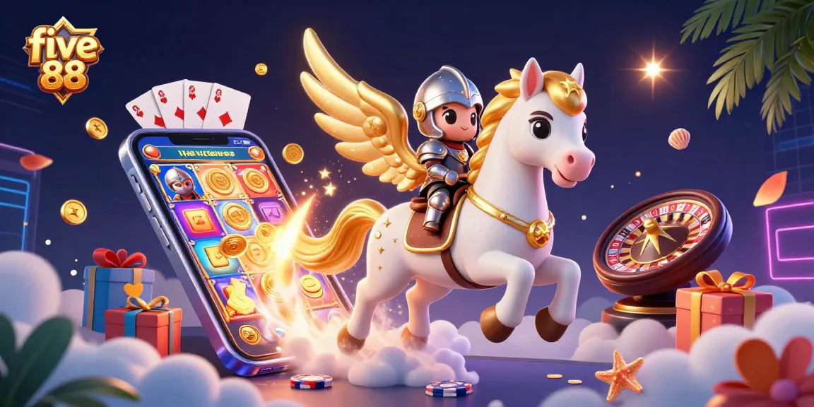 Engage in exciting gameplay with five 88, as a knight rides a celestial horse amidst vibrant casino elements.