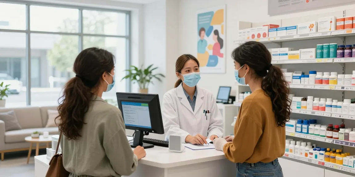 Pharmacist assisting customer in modern pharmacy, best place to buy retatrutide.
