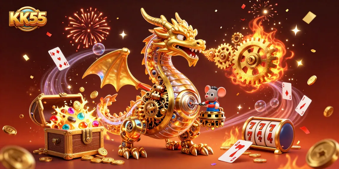 Experience thrilling winnings at KK55 with a golden dragon and exciting casino elements exploding with rewards.