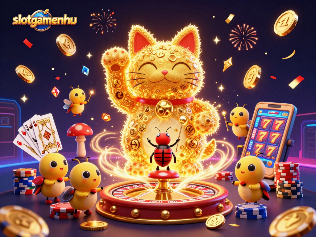Experience the magic of slotgamenohu with a vibrant lucky cat and dazzling casino symbols!