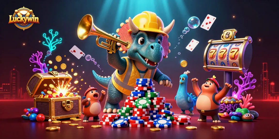 Luckywin showcases an exciting gaming scene with a triceratops and fun elements highlighting casino excitement.