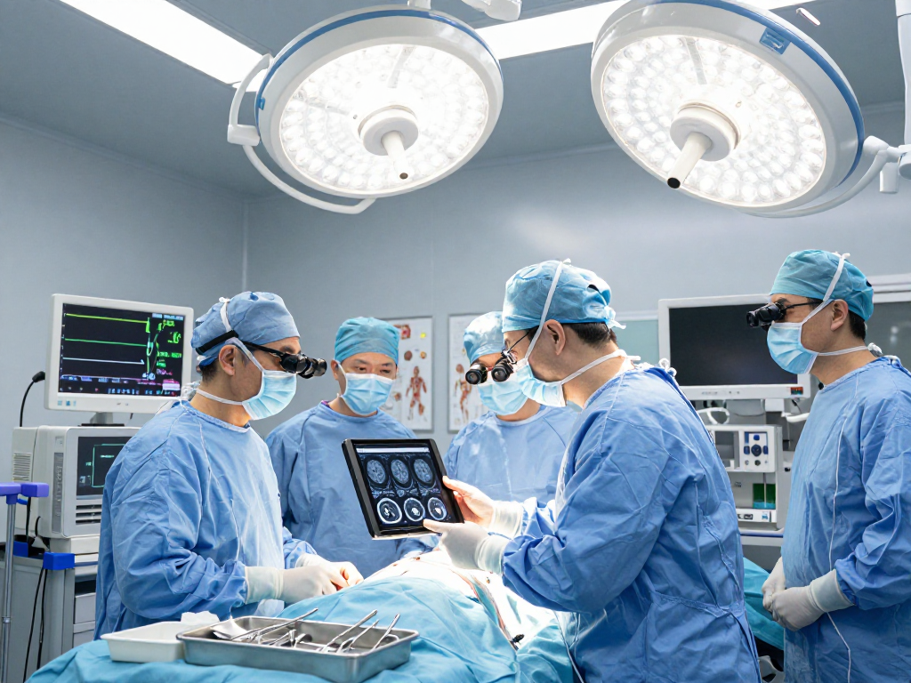 Focused beyin tümörü ameliyatı in a clinical surgical environment, with a neurosurgeon examining MRI scans and advanced equipment.