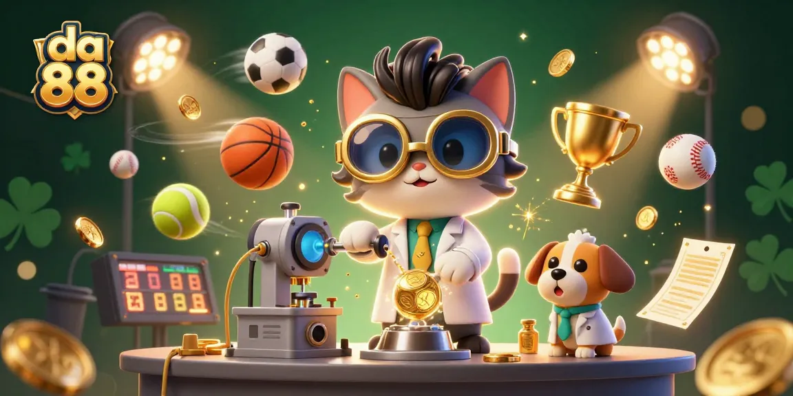 Bet on da 88 with a lively scene of a mad scientist cat and assistant amid sports excitement.