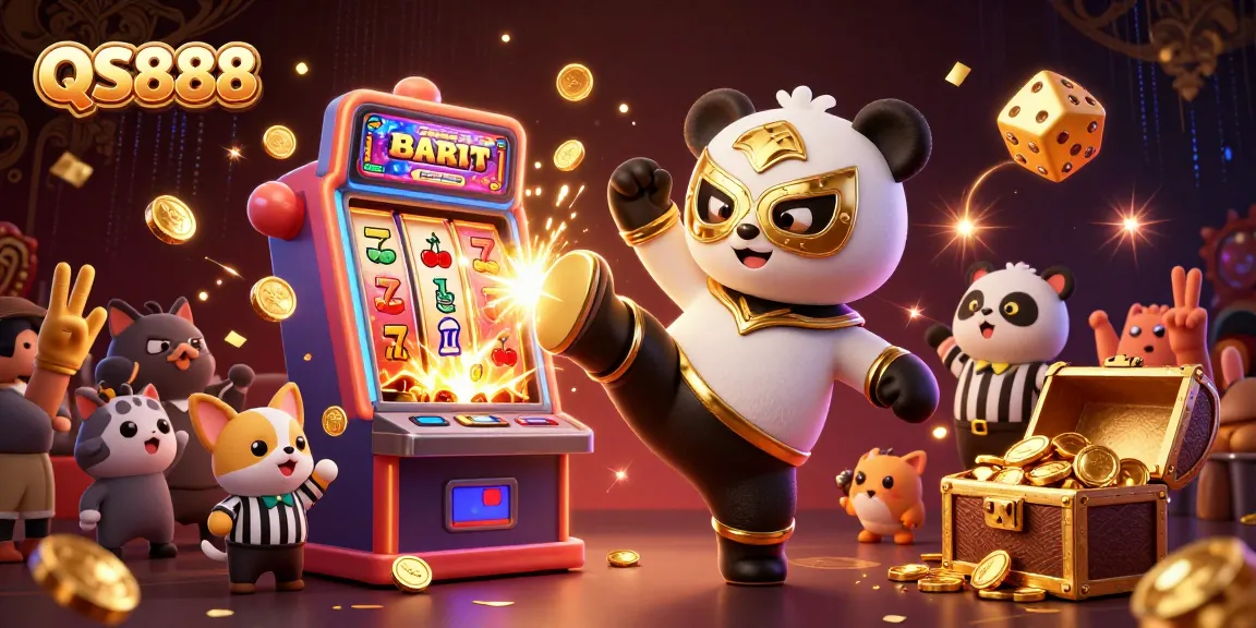 Celebrate winnings with QS888's vibrant casino scene featuring exciting characters and games.