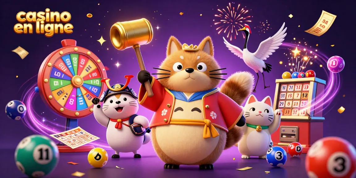 Découvrez l'excitation du casino en ligne avec cette illustration dynamique d'un tanuki et des éléments de jeu.