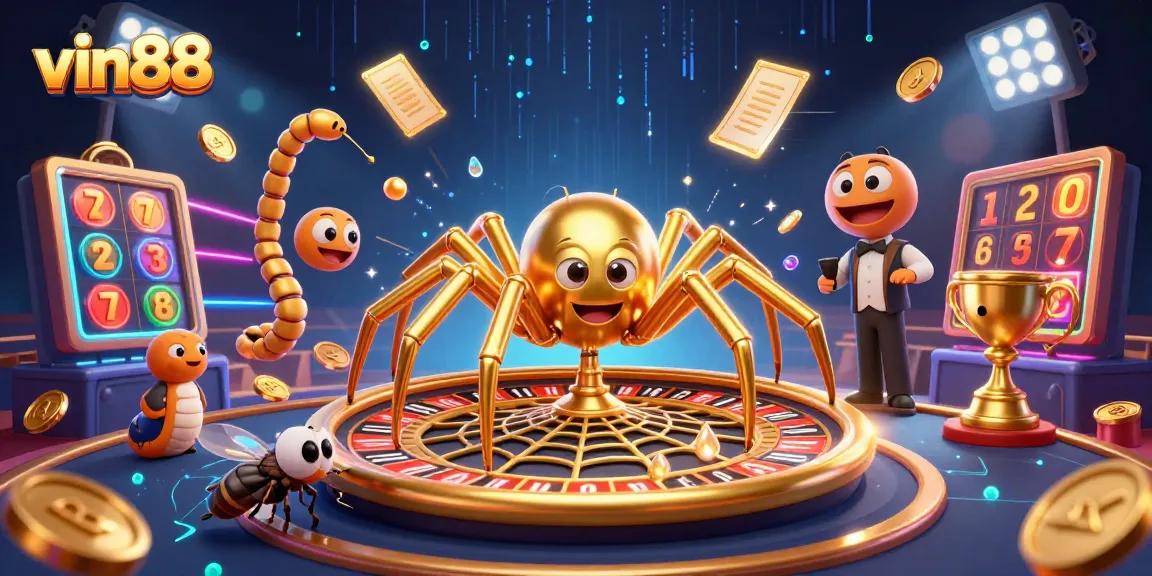 Experience the thrill of vin88 with a cartoon spider and centipede croupier in a vibrant casino scene.