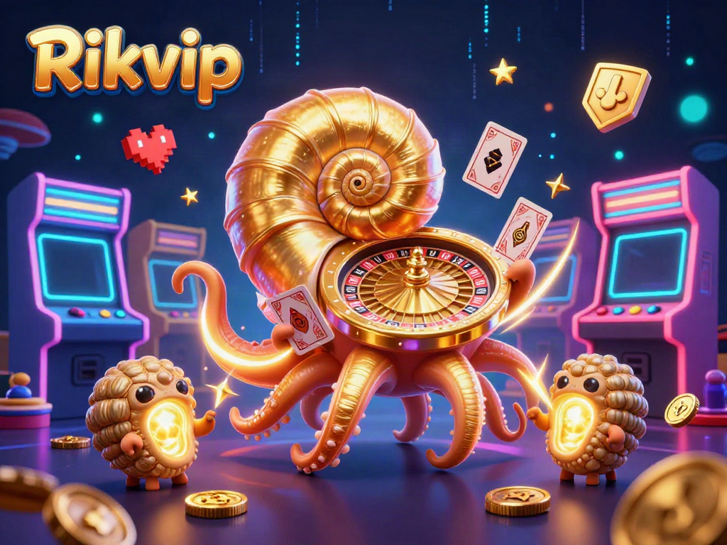 Experience vibrant gameplay with Rikvip’s immersive casino scene featuring a giant nautilus holding cards.