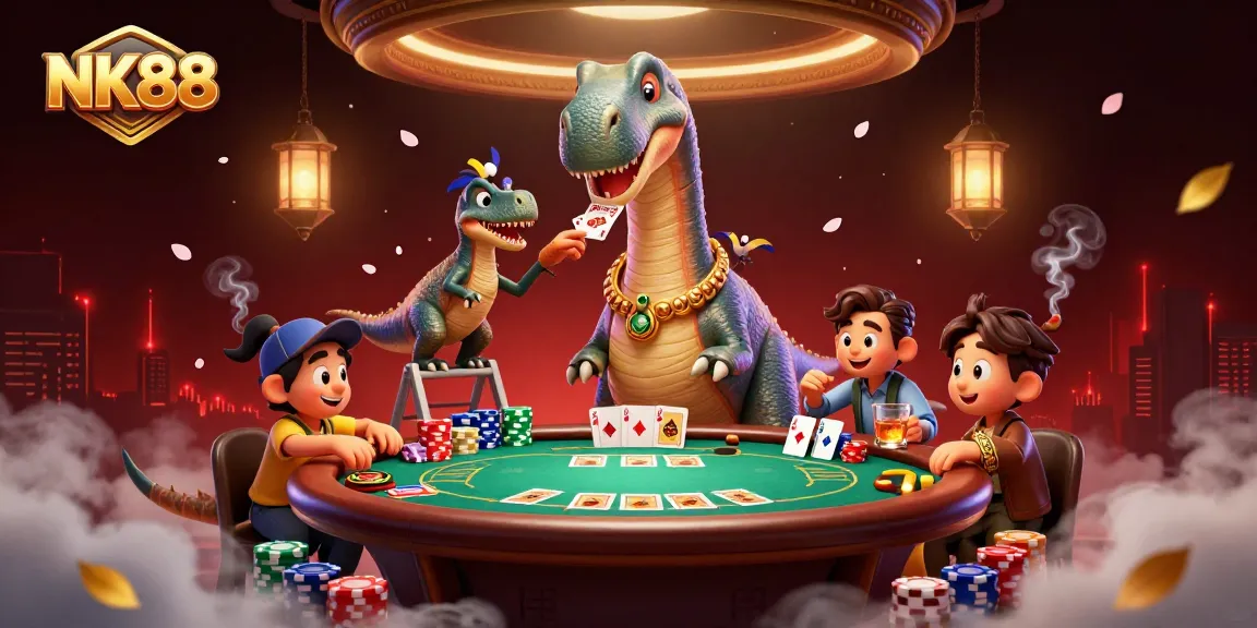 Experience NK88 with a giant brontosaurus overseeing a vibrant poker game in a whimsical casino.