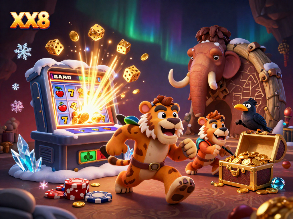 Experience luxury gambling with XX8 in a vibrant prehistoric casino setting.