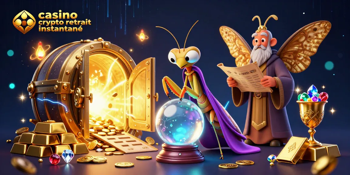 Illustration dynamique de casino crypto retrait instantané avec un caméléon pressé de faire des gains, des pièces d'or et des gemmes scintillantes.