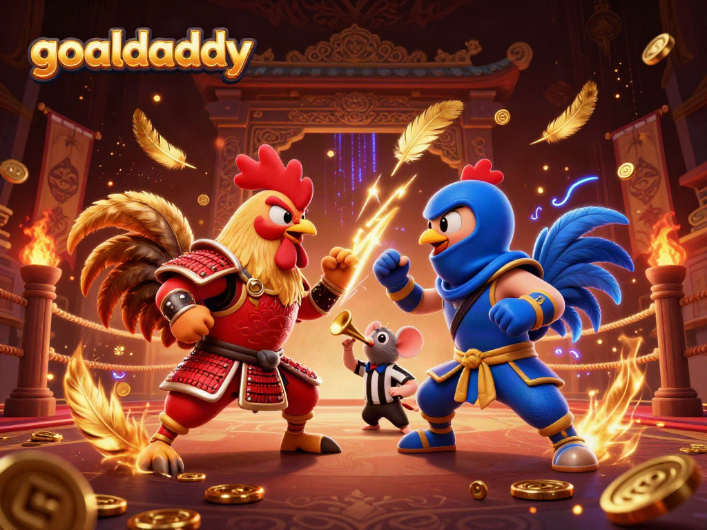 Experience thrilling action with goaldaddy's unique fighting roosters in a vibrant gambling arena.