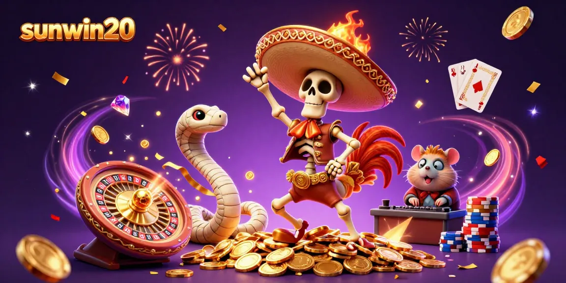 Witness the sunwin20 celebration with 3D characters and dynamic casino elements, showcasing exciting gaming action.