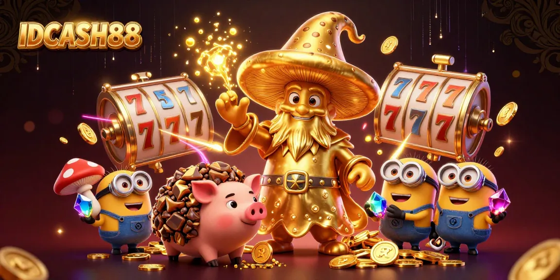 Experience the magic of IDCASH88 with vibrant 3D casino characters surrounded by golden reels and treasures.
