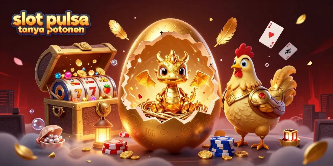 Menangkan slot pulsa tanpa potongan dengan ilustrasi kasino, menampilkan naga emas dan simbol slot yang bersinar.