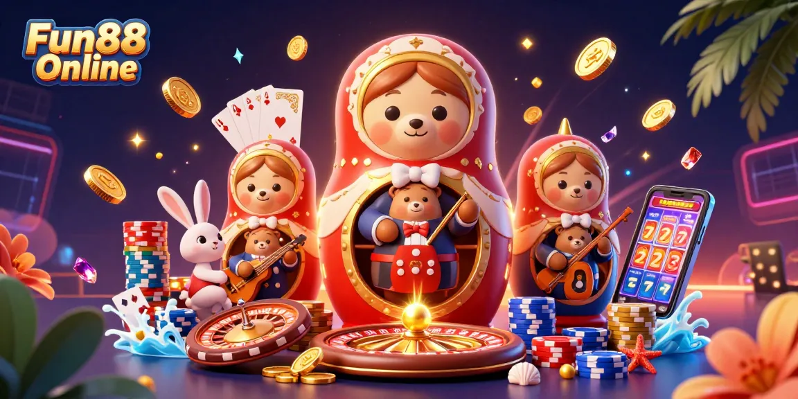 Experience Fun88 Online with engaging casino characters, vibrant game elements, and a festive atmosphere.