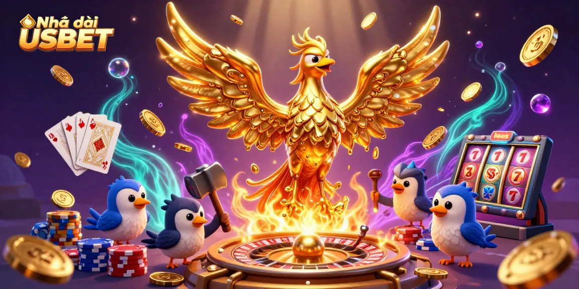 Engage in thrilling gameplay with Nhà cái USBET's spectacular 3D casino illustration featuring a phoenix, coins, and roulette.