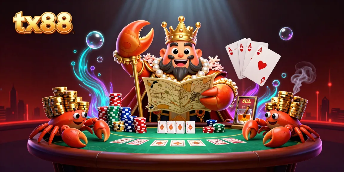 Experience the vibrant excitement of tx88 with a golden crab emperor amidst a realistic casino environment.