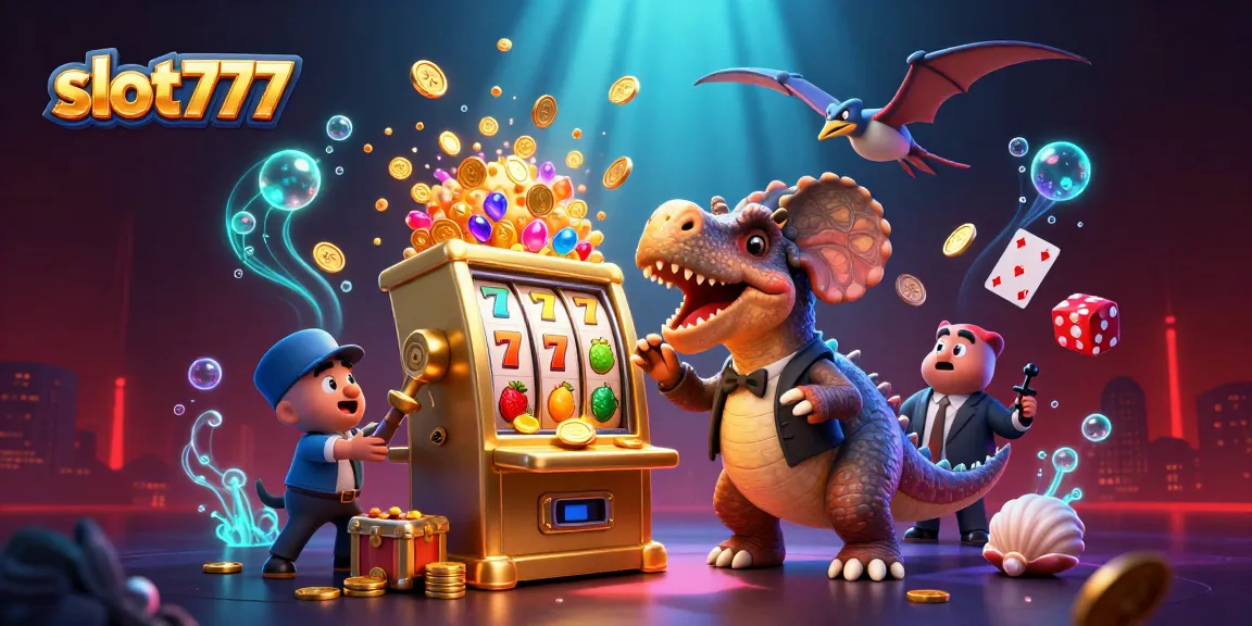 Experience thrilling jackpots with slot777 as a dinosaur wins big at a vibrant casino