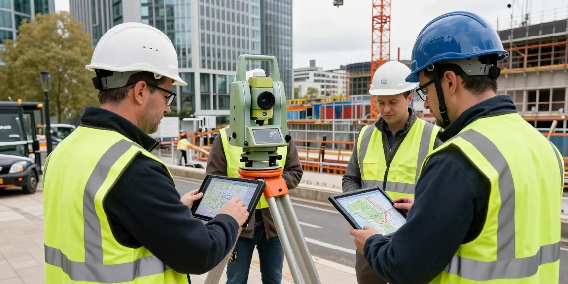 Land surveyors London measuring terrain with advanced GPS technology in urban construction site.