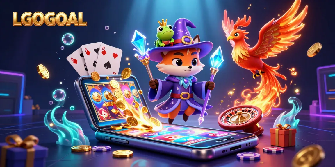 Experience the magic of LGOGOAL with enchanting characters as coins and cards dance around a vibrant gaming scene.