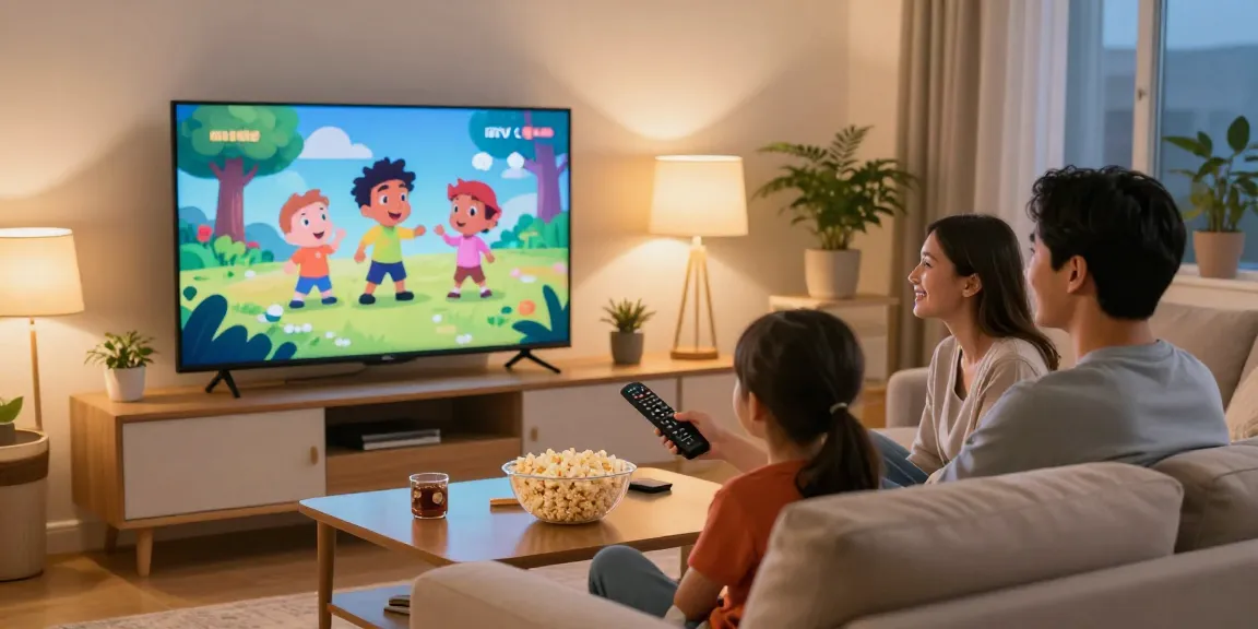 Family enjoying a movie night with digitaline iptv on a large screen in a cozy living room.