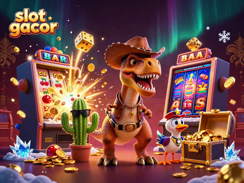 Permainan slot gacor yang menghibur dengan karakter dinosaurus dan mesin slot berlimpah koin.