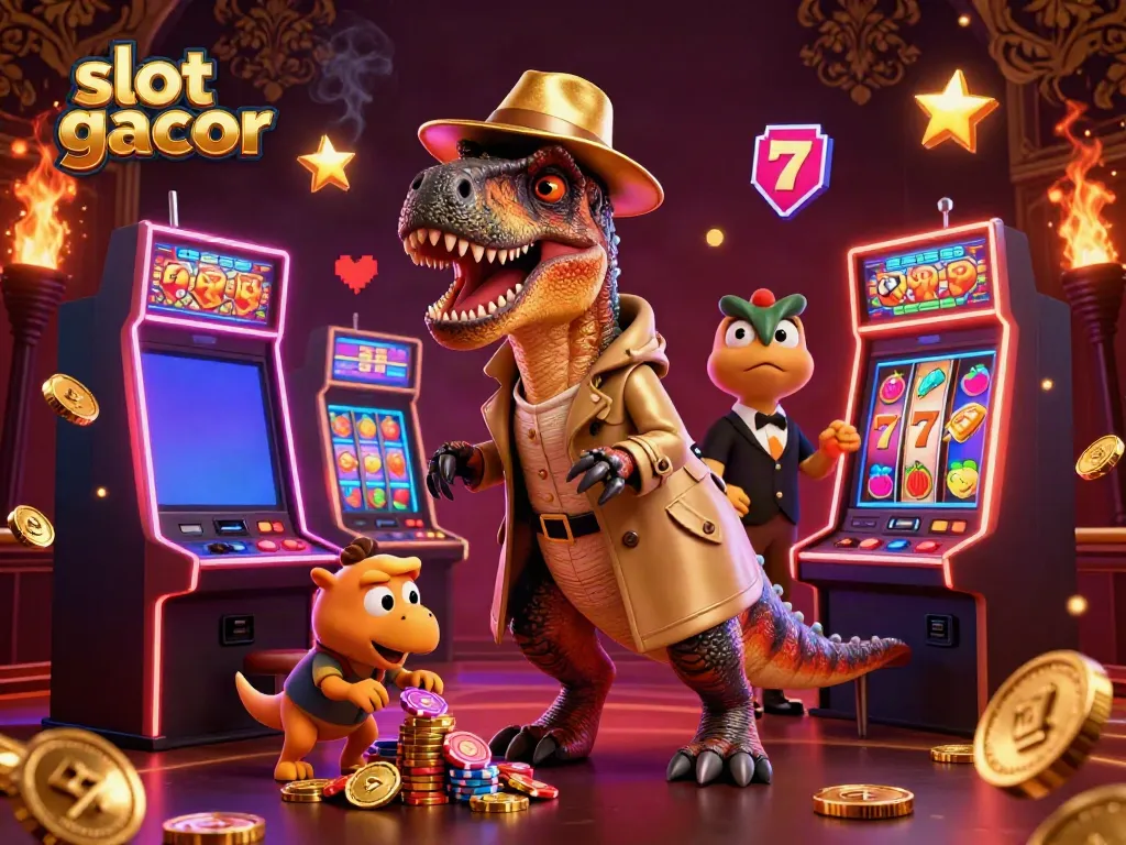 Gambar slot gacor menampilkan velociraptor berjudi di mesin slot bersama pit boss stegosaurus dan pencuri kecil, menambah keseruan!