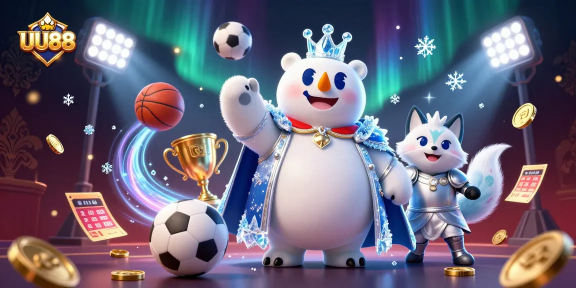Experience premium gambling at UU88 with an enchanting polar bear and a silver-armored fox amidst dynamic sports elements.