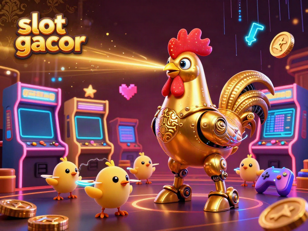 Experience slot gacor excitement with a golden rooster robot and baby chick drones in a vibrant casino scene.