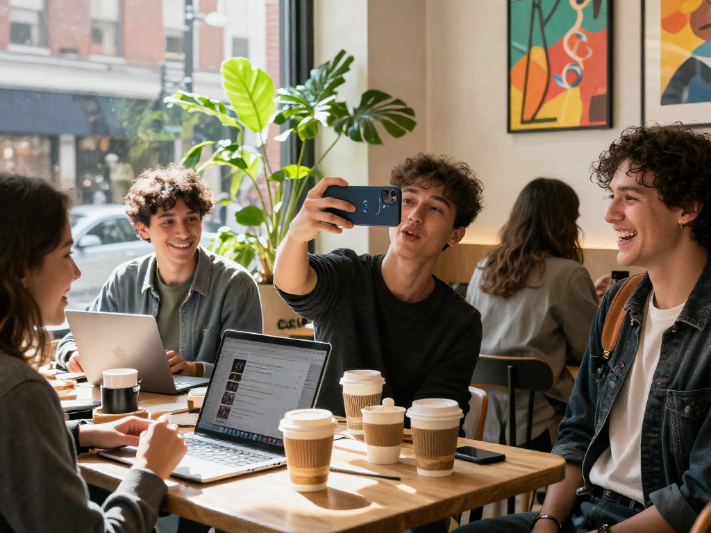 Engaging test of attractiveness moment in an urban café with friends.