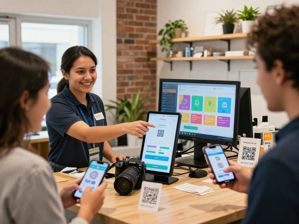 Loyalty app in action as customers engage with rewards program at small business.