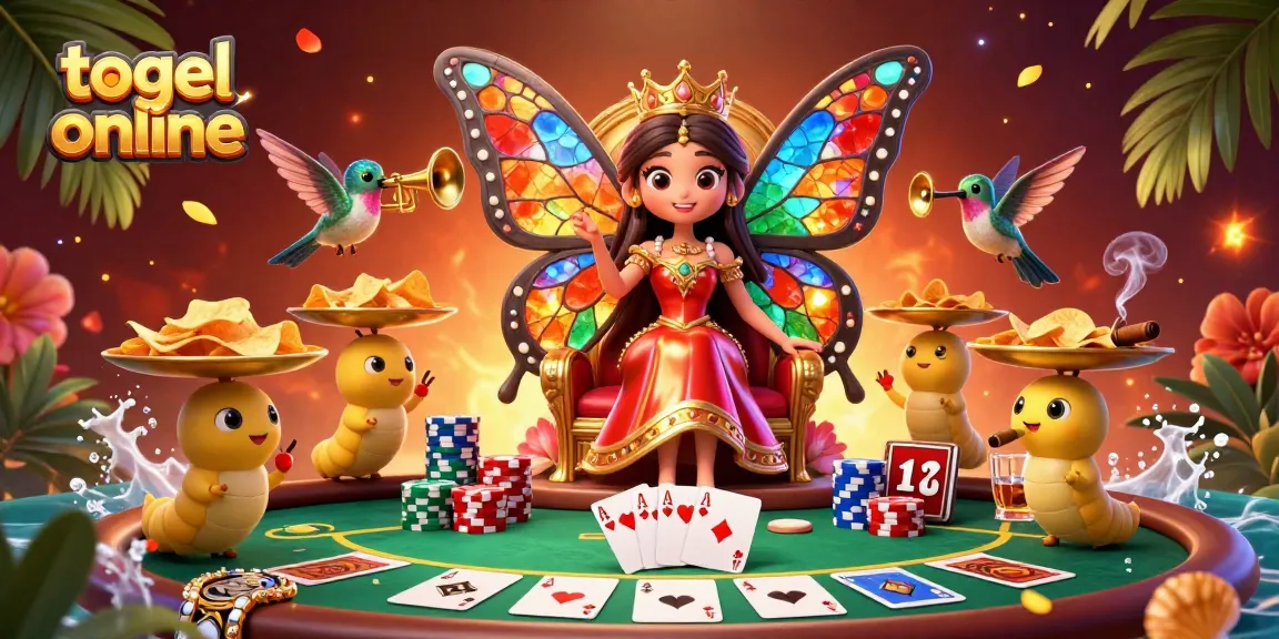 Experience thrilling togel online gameplay with a vibrant 3D cartoon scene of a butterfly queen and poker elements.