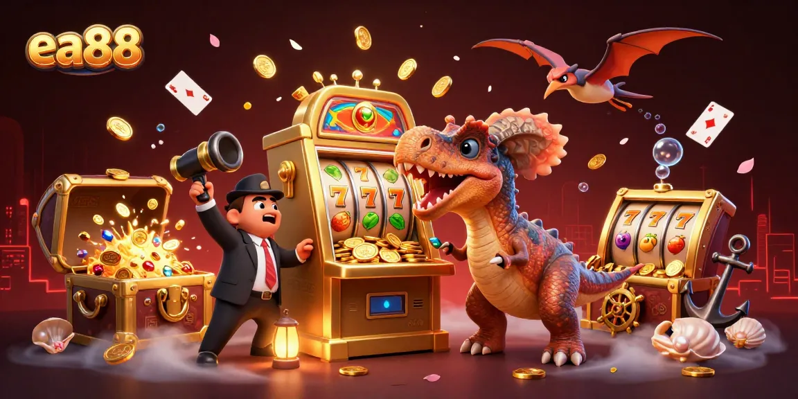 ea88's thrilling jackpot moment with a cartoon dinosaur and casino elements exploding in gold.