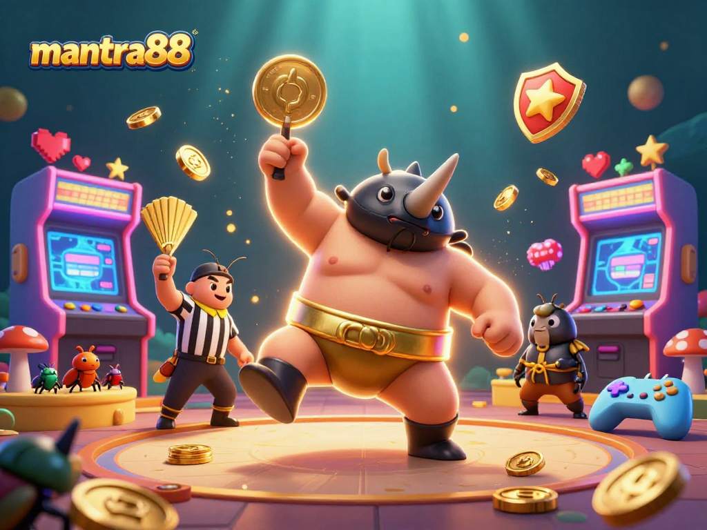 Experience the thrill of mantra88 with dynamic 3D illustrations of a beetle sumo champion and vibrant game elements.