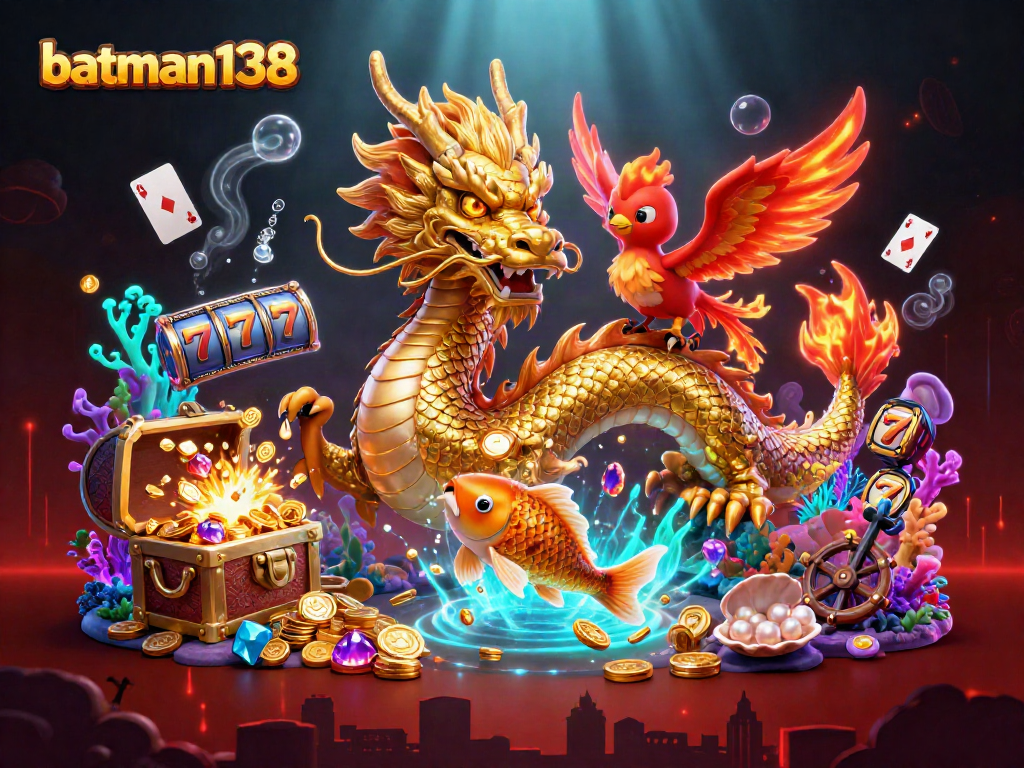 Experience thrilling slot action at batman138 with a vibrant scene of lucky symbols and mythical characters.