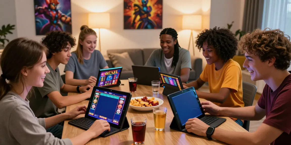 Diverse friends playing PG SLOT games in a lively living room.