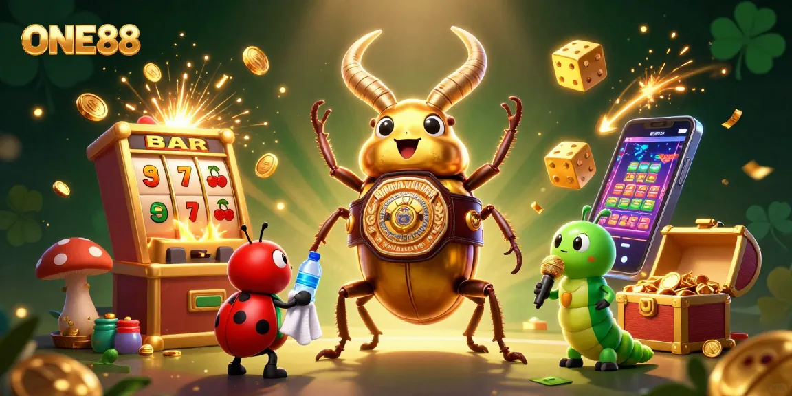 Experience the excitement of casino games with ONE88's vibrant 3D illustration featuring a jackpot explosion and dynamic characters.