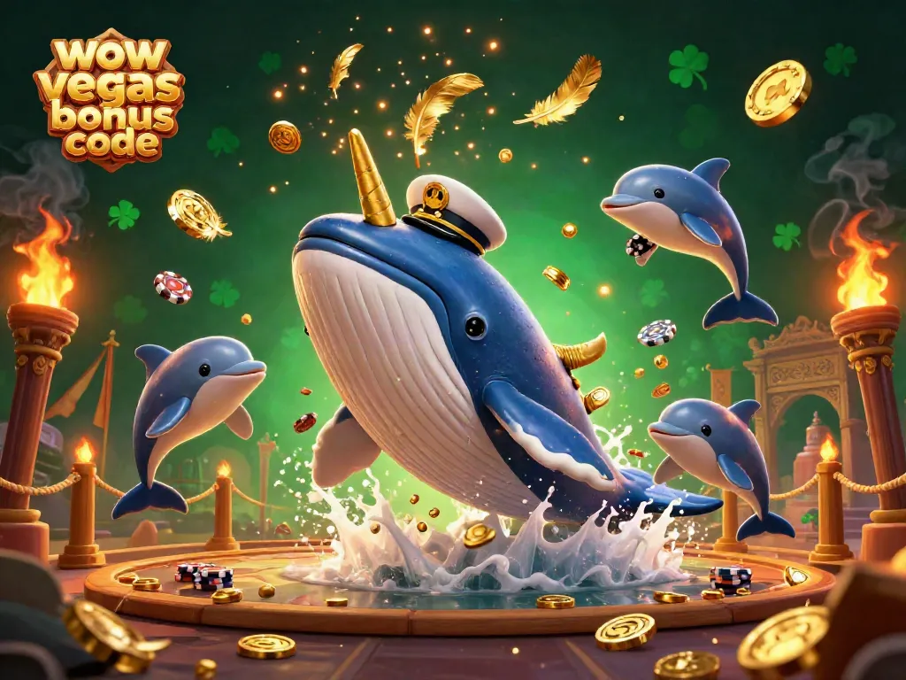 Engage with the WOW Vegas bonus code, as a cartoon whale celebrates winnings amidst a vibrant casino backdrop.
