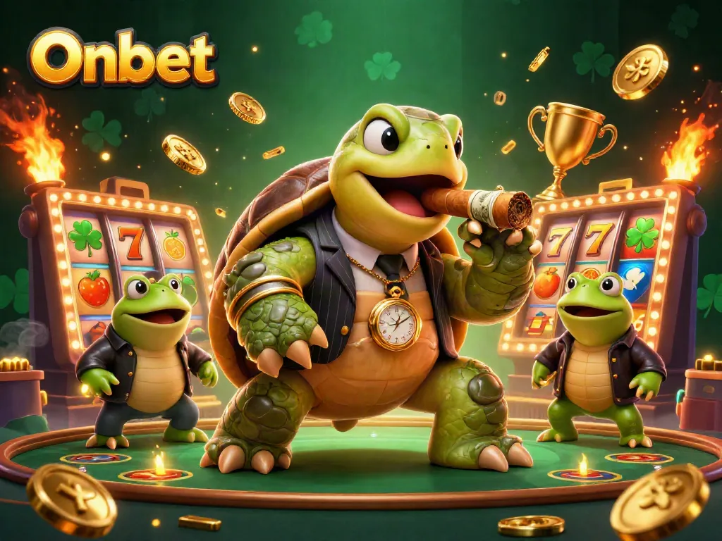 Onbet shows a cartoon snapping turtle with gaming elements, emphasizing casino excitement and vibrant energy.
