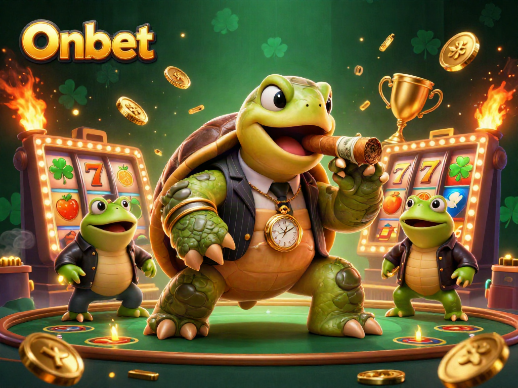 Onbet shows a cartoon snapping turtle with gaming elements, emphasizing casino excitement and vibrant energy.