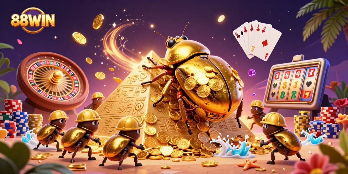 88WIN players enjoy fantastic wins with vibrant coins and casino thrills in this unique illustration.