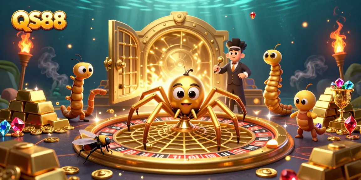 Experience thrilling bets at QS88 with a golden spider spinning a roulette web surrounded by treasures.