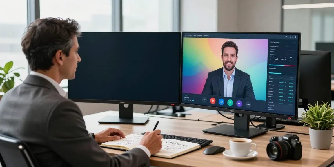 Michael Rustom Consultant in a modern office collaborating with clients via video call.