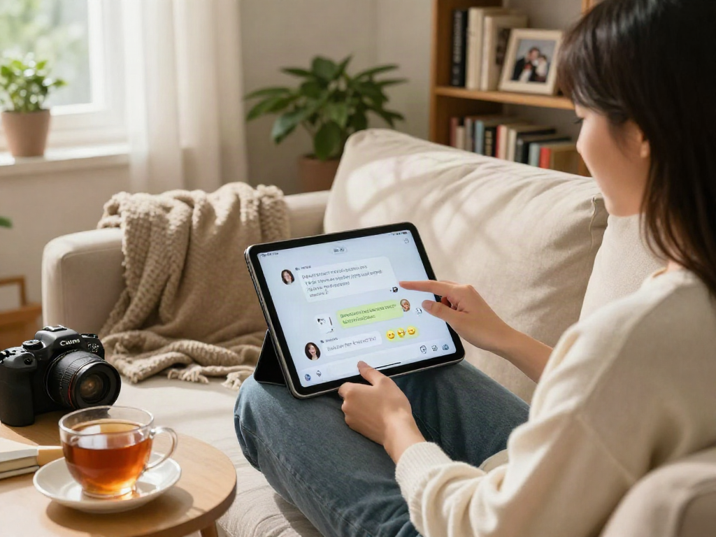 Interactive moment with a girlfriend AI on a tablet, capturing a cozy living room atmosphere.
