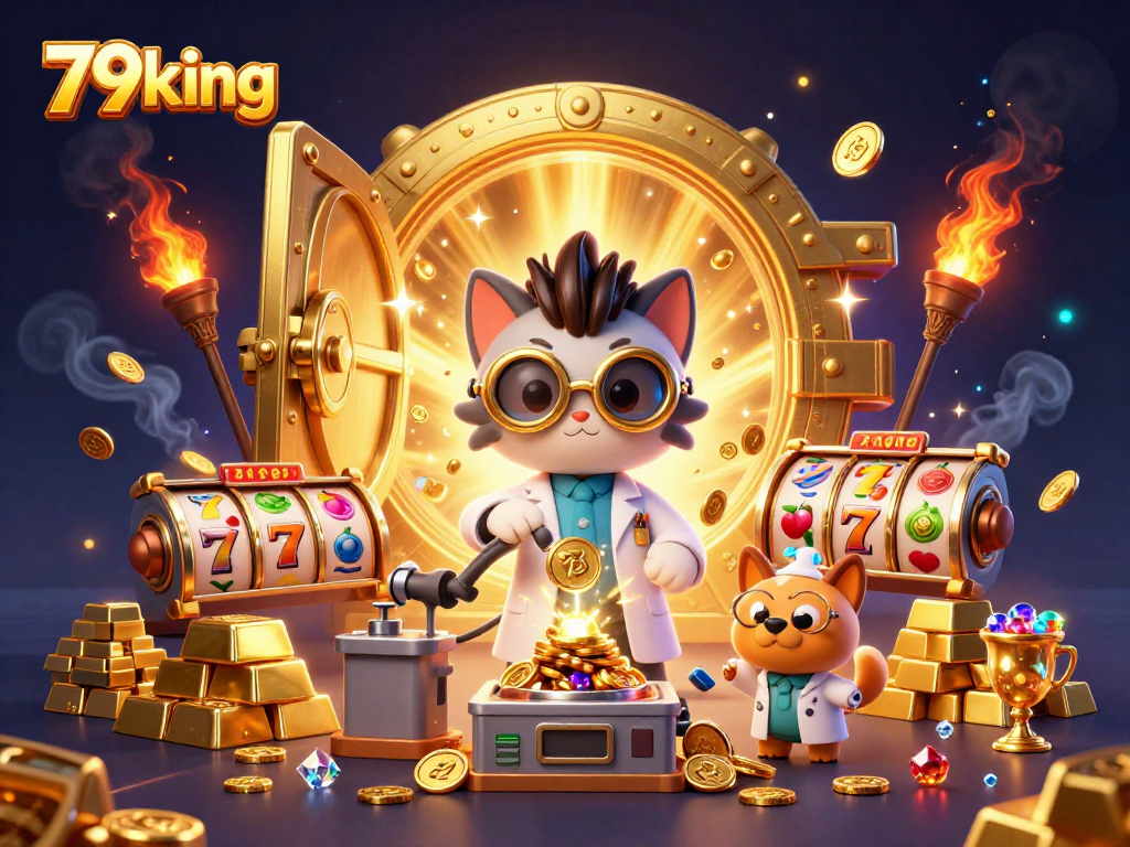 Experience the excitement of 79king with dynamic slot reels and treasure in a vibrant scene.