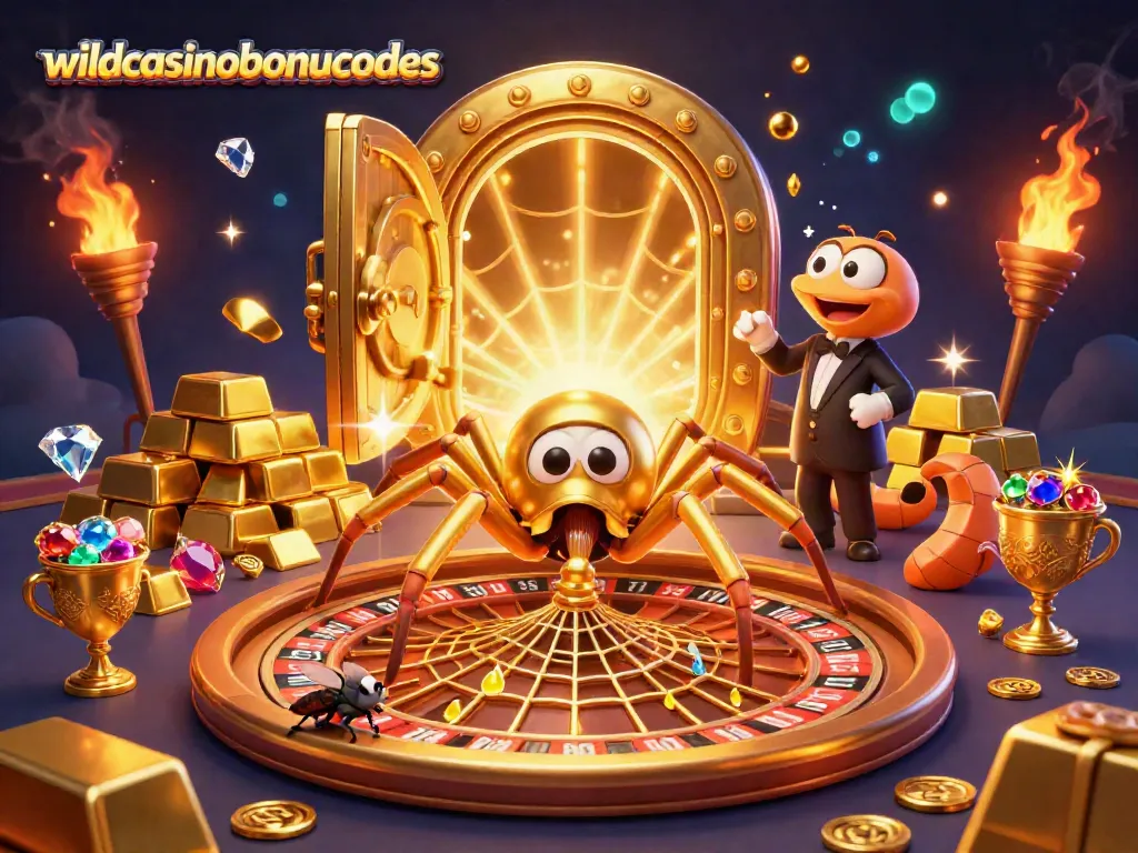 Experience wildcasinobonuscodes with an animated spider croupier in a vibrant casino scene.