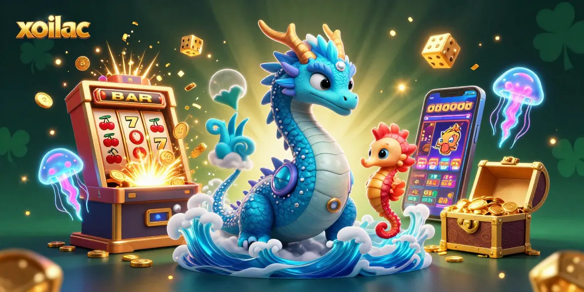 Xoilac inspires thrilling gameplay with a magnificent dragon and seahorse, surrounded by vibrant casino symbols.