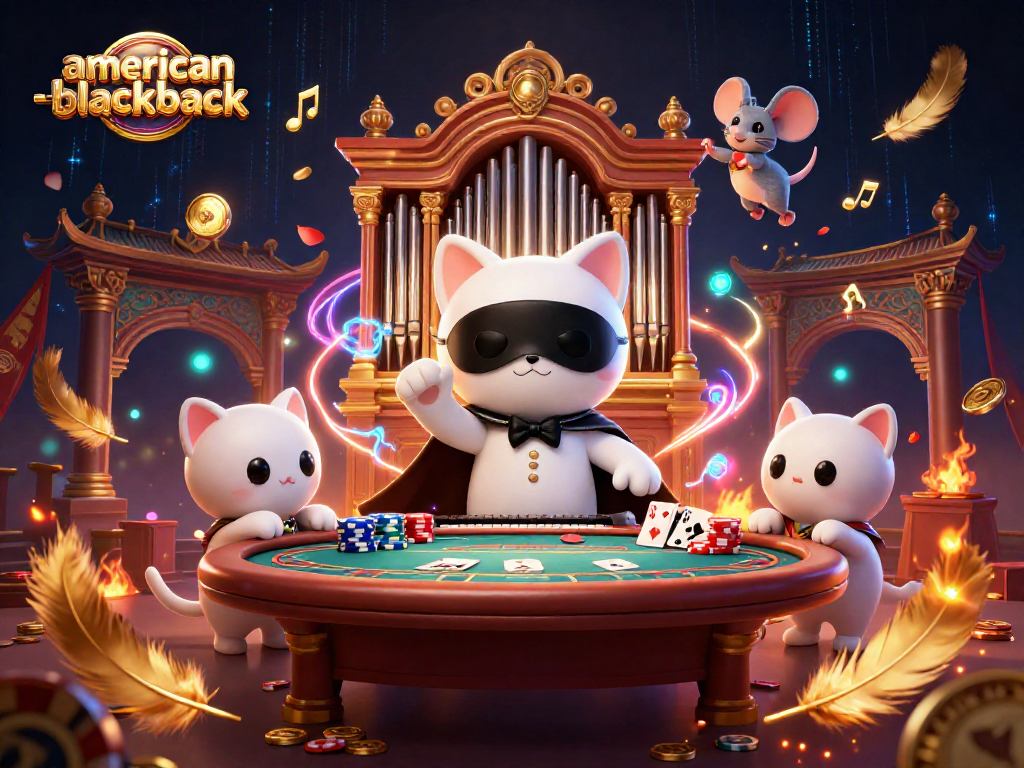 Experience the excitement of american-blackjack with a dynamic casino scene featuring a masked cat and acrobat.