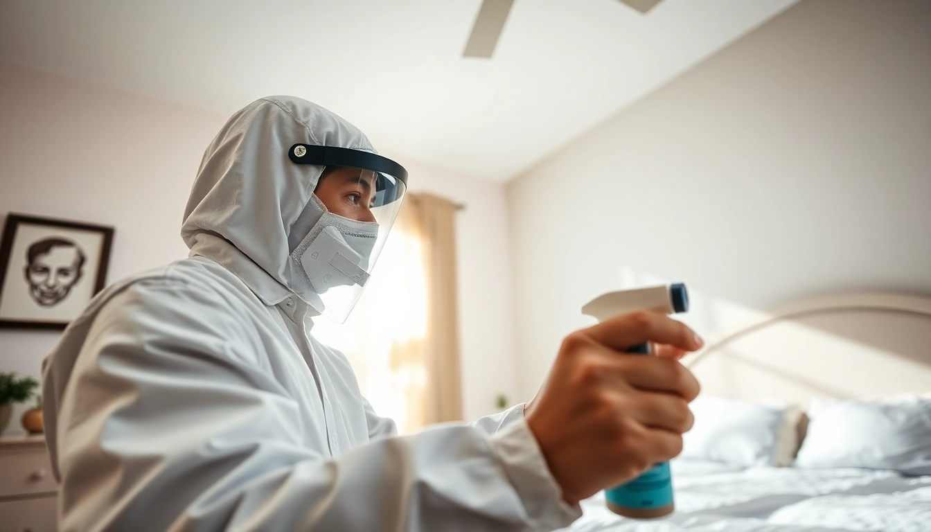 Bed bug exterminator treating a bedroom with eco-friendly techniques.